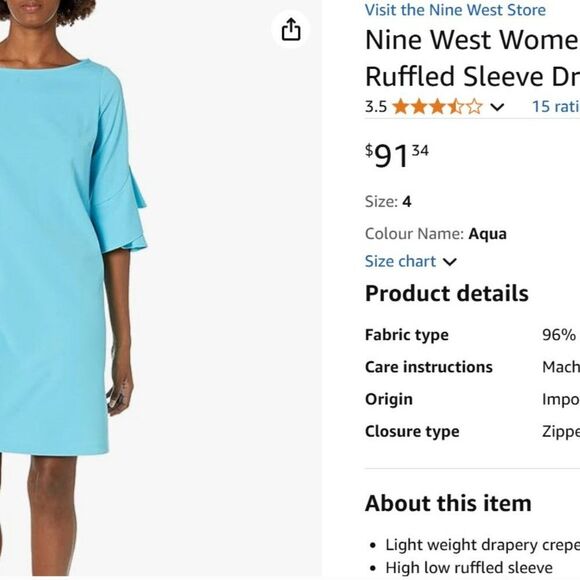 NWT Nine West Aqua Long Sleeve Mini Dress | Flared/Bell Sleeves | Size 4 - Picture 4 of 8